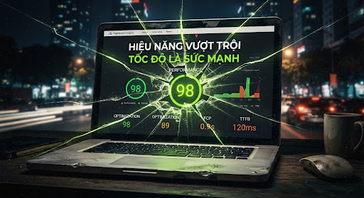 Laptop hiển thị giao diện website trong không gian làm việc